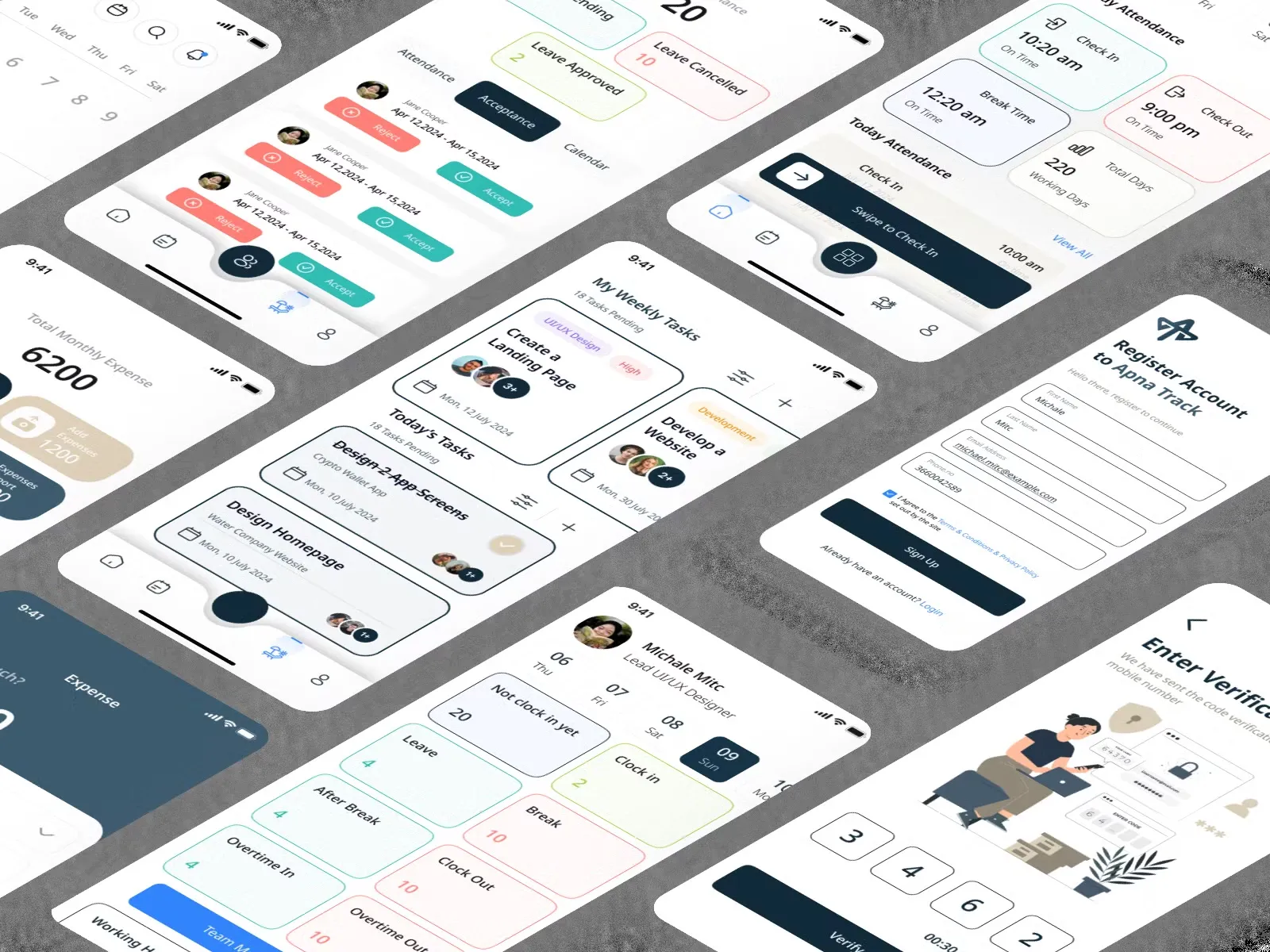 ApnaTrack mobile app screens: weekly tasks, swipe to check in, leave approvals, expenses and sign-up.