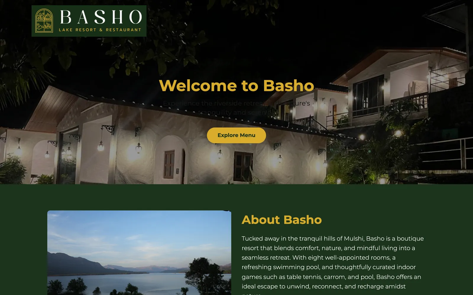 The Basho Lake Resort & Restaurant home page.