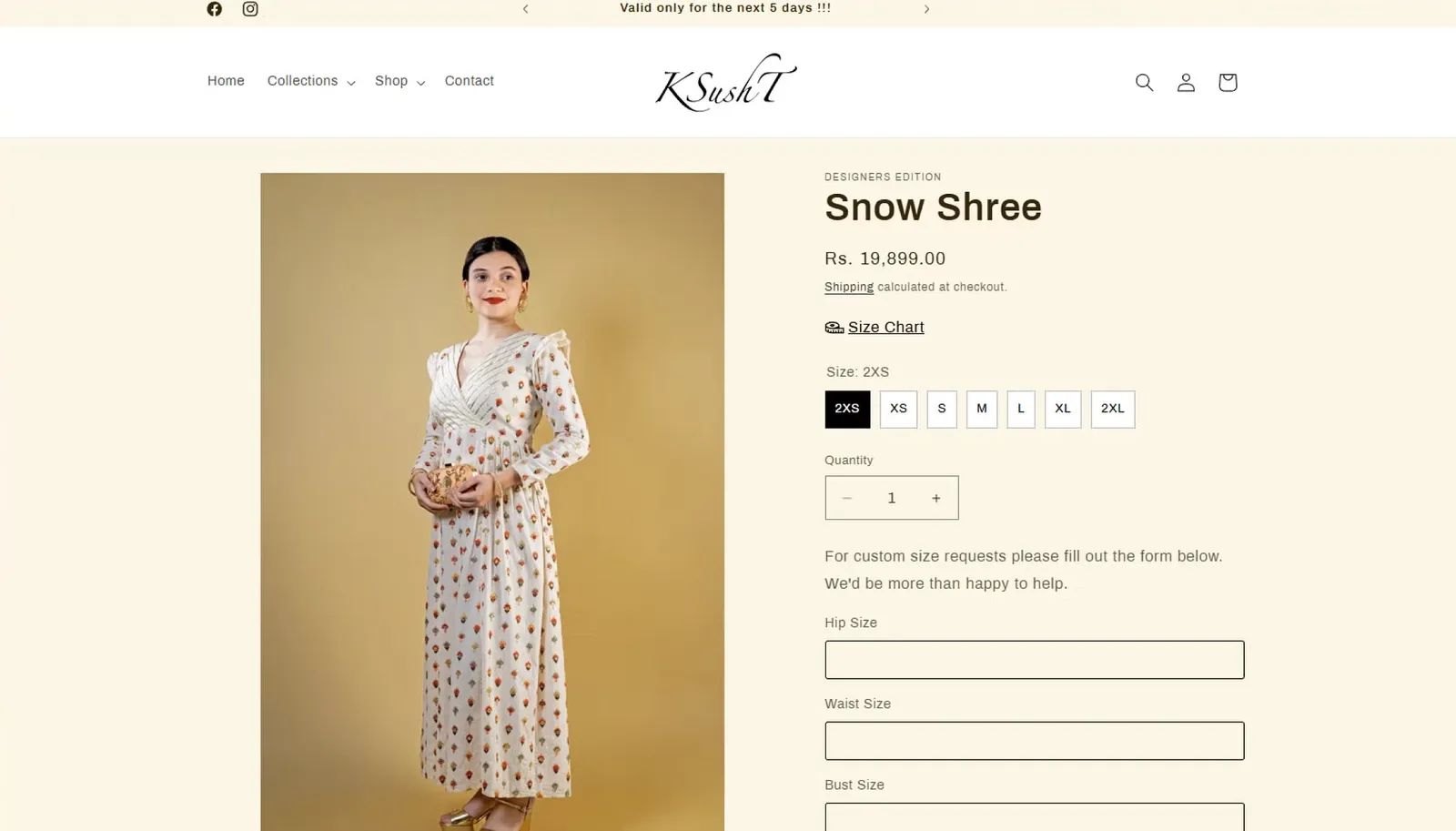A Ksusht product page with custom hip, waist and bust size fields.
