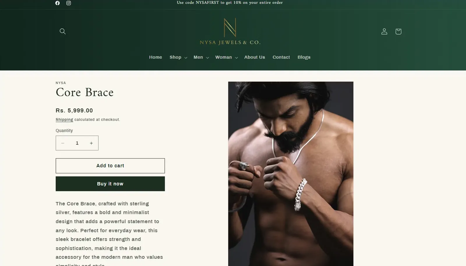 A Nysa Jewels product page for the Core Brace sterling silver bracelet.