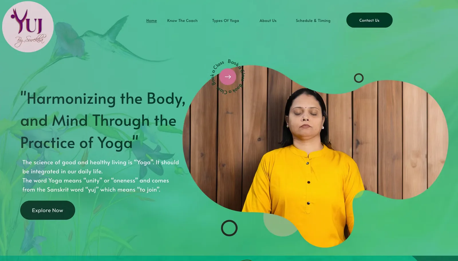 The Yuj by Surekha home page: harmonising the body and mind through the practice of yoga.
